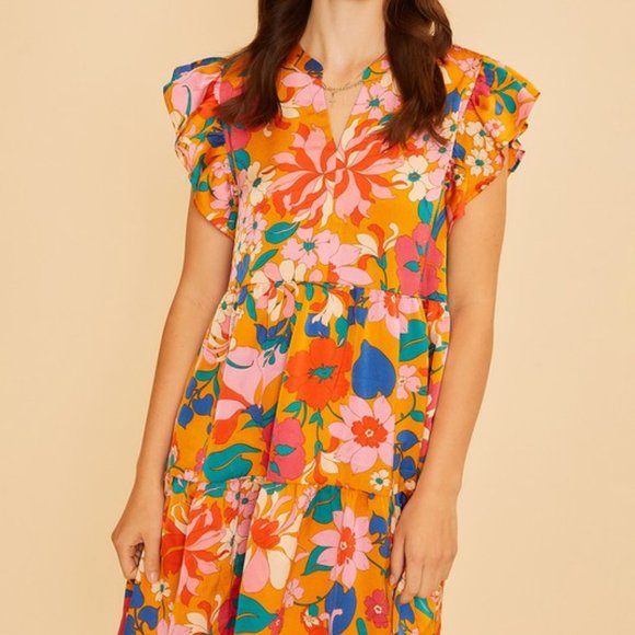 Anniewear Dresses & Skirts - Orange Floral Print Tiered Dress